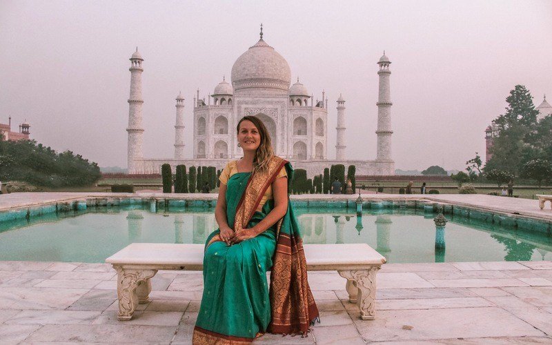 Taj Mahal Tourist in sari to shoot photo