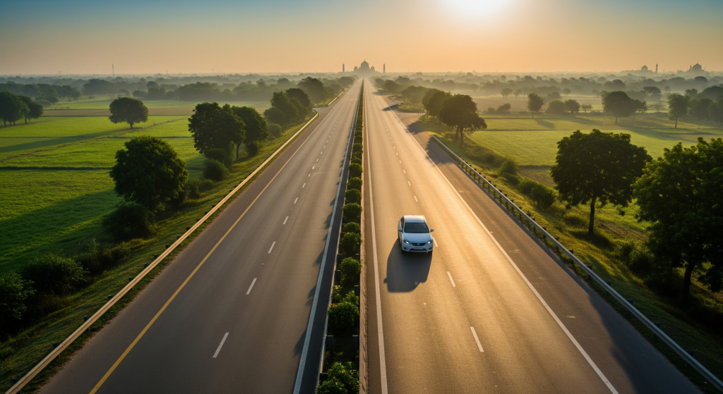 Private car journey covering the Delhi to Agra cab distance