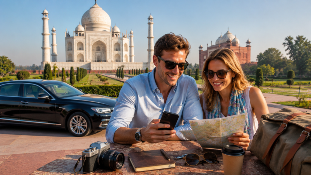 Couple planning a Rajasthan travel guide itinerary after visiting the Taj Mahal in Agra